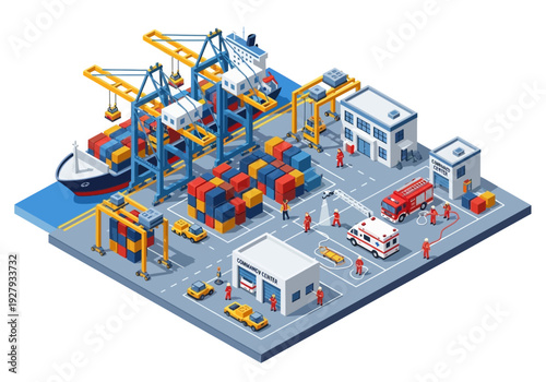 Isometric view of a busy shipping port with container cranes, cargo ship, and emergency vehicles at the dock