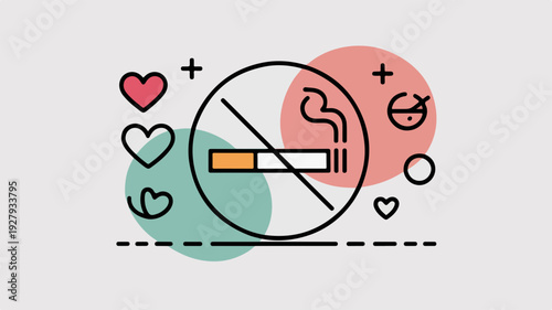 No smoking symbol with hearts and health icons on gray background
