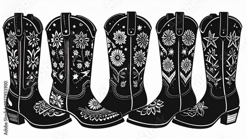 Black and White Cowgirl Boot Silhouette Set – Western Ornament Hand Drawn Vector Collection