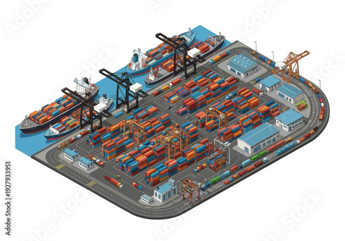 Isometric view of a busy shipping port with cargo ships, cranes, and containers, representing global logistics and trade