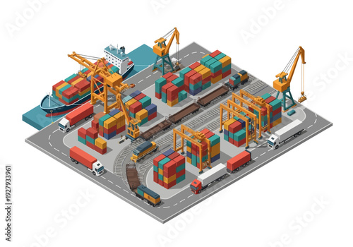 Isometric illustration of a busy shipping port with cargo containers, cranes, trucks, and trains