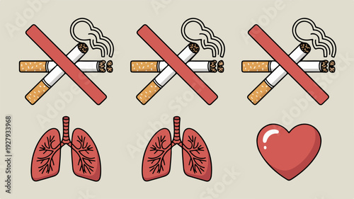 No smoking symbol with healthy lungs and heart icons for healthy living concepts