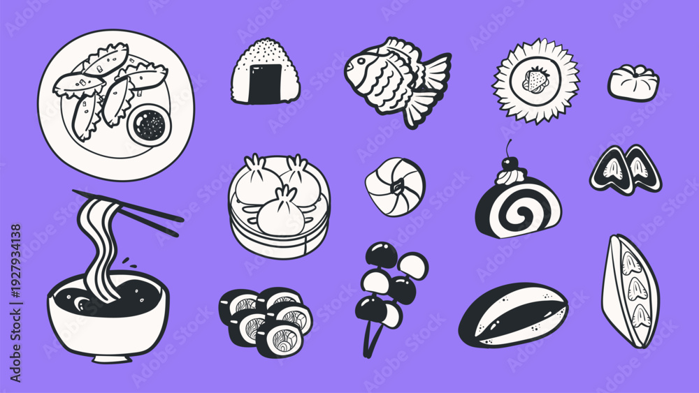 Fototapeta premium Hand drawn Japanese food stiker set in ink line style. Collection of sushi, ramen, onigiri, dumplings and traditional desserts. Perfect for menu design, restaurant branding and Asian food projects.