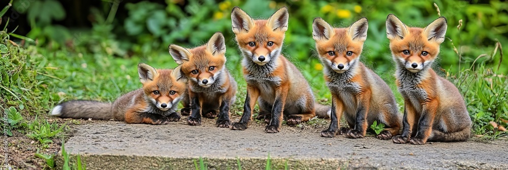 Fototapeta premium Five Playful Red Fox Kits Explore Their Habitat, Capturing the Hearts of Nature Lovers Everywhere.