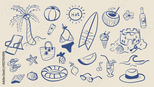 Summer doodle set with beach and vacation elements in ink line style. Hand drawn palm tree, surfboard, swimsuit, ice cream, tropical drinks and seaside icons isolated on light background. Suitable for