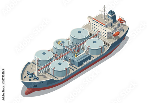 Illustration of a cargo ship transporting liquids in large cylindrical tanks across the sea