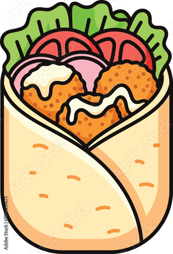 Cartoon chicken shawarma wrap with lettuce tomato onion and sauce food 1