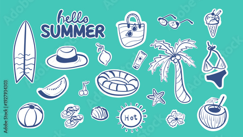 Summer doodle sticker set with beach and vacation elements in line style. Hand drawn palm tree, surfboard, swimsuit, ice cream, tropical drinks and seaside icons isolated on light background. Suitable