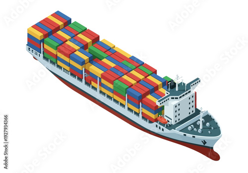Isometric container ship loaded with colorful cargo containers navigating through a body of water