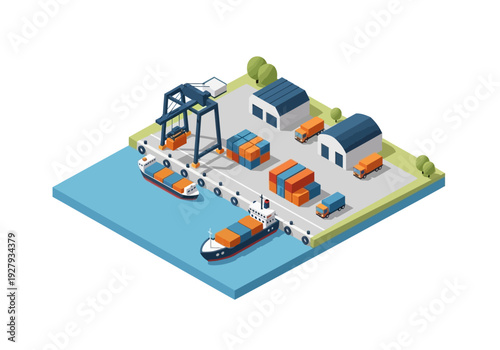 Isometric view of a busy shipping port with cargo ships, cranes, containers, and warehouses, illustrating global trade and logistics