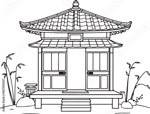 Japanese Teahouse Hand-drawn Sketch Drawing Vector Illustration, Line Linear Symbol Black and White Engraving, Isolated