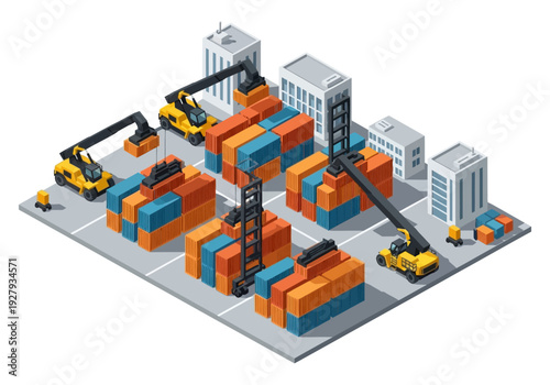 Isometric view of a busy shipping port with cranes loading cargo containers onto a dock, illustrating logistics and global trade operations