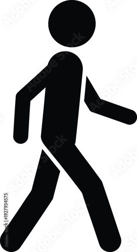 A black stick figure walking to the right on a white background