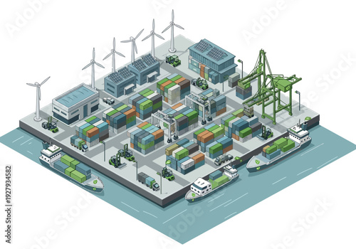 Industrial port with renewable energy sources like wind turbines and solar panels, overseeing cargo ships and shipping containers