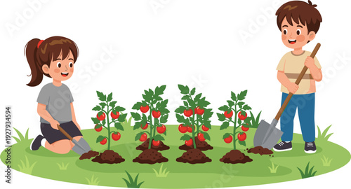 Children gardening vector illustration with kids planting tomatoes, digging soil and growing vegetables in backyard garden