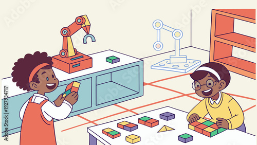 Vector cartoon illustration of a school laboratory in the USA with children assembling educational robots, colorful parts scattered on the table, a robotic arm in the background, a modern STEM environ