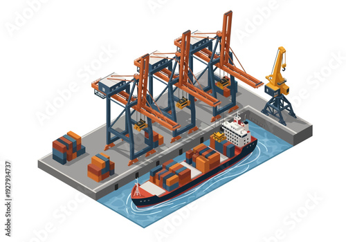 Isometric view of a busy shipping port with cargo cranes loading containers onto a large container ship docked at the harbor