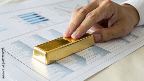 A hand places a gold bar on financial documents featuring charts and graphs, symbolizing investment, wealth, and financial growth.