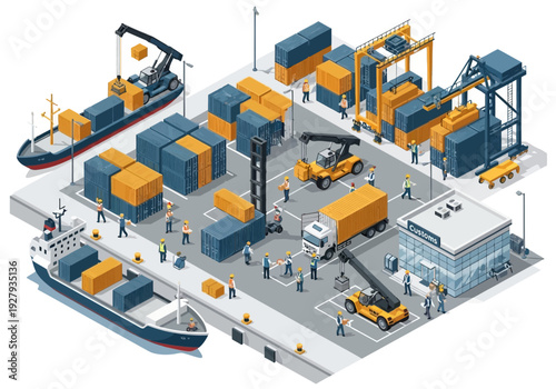 Modern container shipping port with cargo ships, cranes, trucks, and warehouse facilities, illustrating global logistics and trade