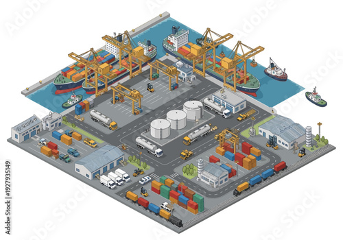 Isometric view of a busy port with cargo ships, cranes, containers, and industrial buildings