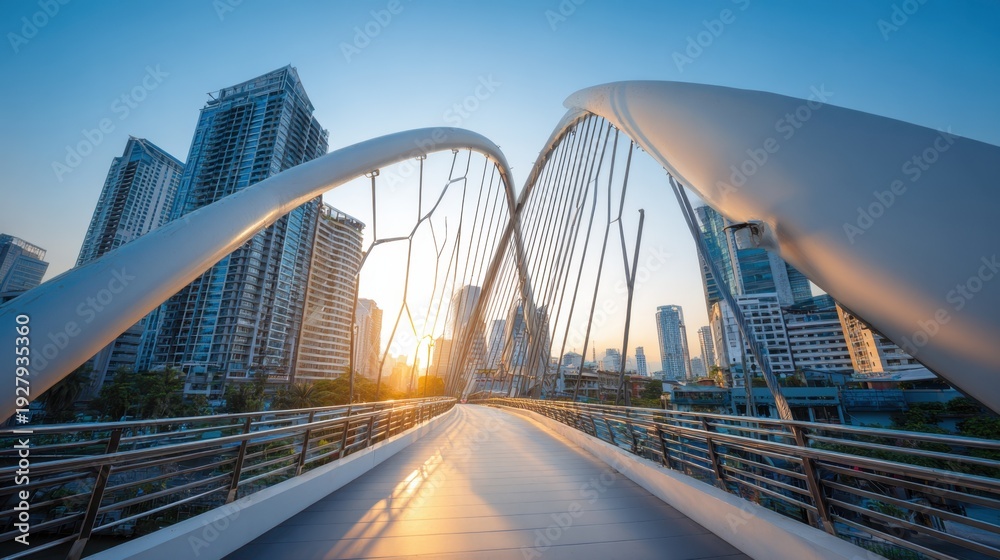Fototapeta premium Modern Bridge Architecture at Sunset with Urban Skyline in Background
