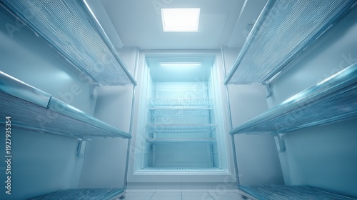 Inside of a clean empty refrigerator with bright cold lighting and metal wire shelves