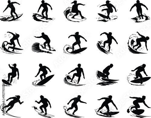 Silhouette collection of surfers riding ocean waves, performing tricks and stunts, surfing action poses vector illustration for summer beach adventure and sea lifestyle design