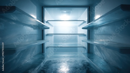 Interior view of a clean empty refrigerator with bright lighting and glass shelves