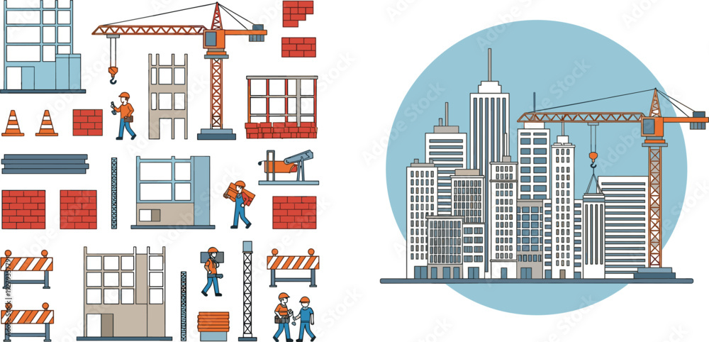 Fototapeta premium Construction site and city skyline vector set with crane, workers and building elements