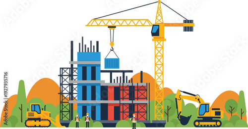Construction site with tower crane, excavator and building framework vector illustration