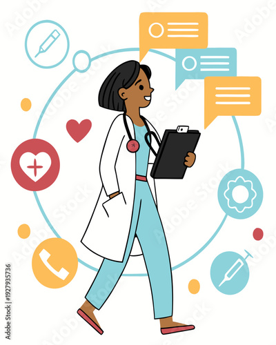 Female doctor with medical icons and speech bubbles