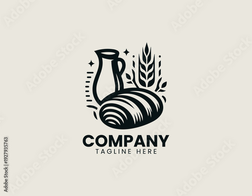Bread loaf with wheat stalks and milk jug in clean modern bakery vector illustration style