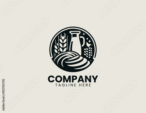 Bread loaf with wheat stalks and milk jug in clean modern bakery vector illustration style