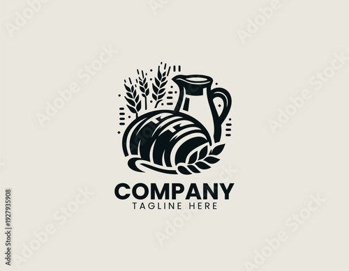 Bread loaf with wheat stalks and milk jug in clean modern bakery vector illustration style