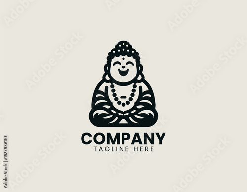 Laughing Buddha character sitting with prayer beads is presented as clean monochrome vector logo on white background for spiritual and wellness branding use