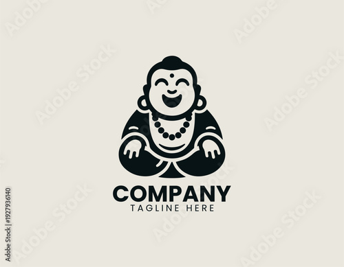 Laughing Buddha character sitting with prayer beads is presented as clean monochrome vector logo on white background for spiritual and wellness branding use