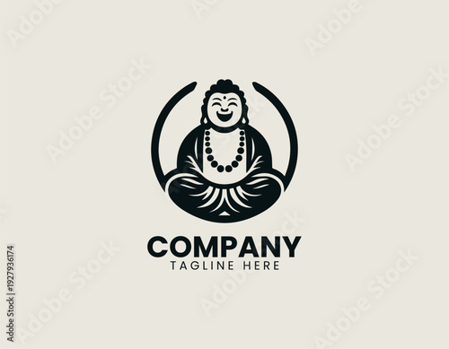 Laughing Buddha character sitting with prayer beads is presented as clean monochrome vector logo on white background for spiritual and wellness branding use