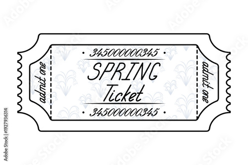 Spring ticket. Ticket admit one. Snowdrop flower background pattern. Handwritten cursive lettering with uppercase letters. Vector illustration. Tear-off ticket with number. 
