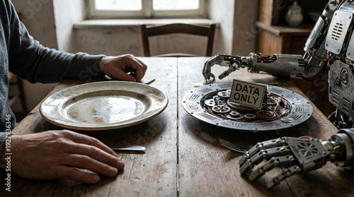 Human and robotic hands facing empty and gear-filled plates labeled data only, symbolizing artificial intelligence, automation, digital consumption, and the future of technology replacing human needs.