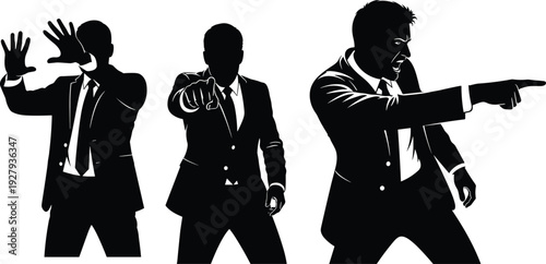 Aggressive businessman silhouettes in suits expressing anger and frustration by pointing fingers and shouting set against a white background for corporate conflict concepts