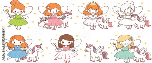 Cute fairy princess girls with unicorn cartoon vector set with magic wand, wings and fantasy characters