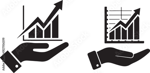 Vector growing graph icon held in hand. Two tone business growth symbol isolated on black and white background eps