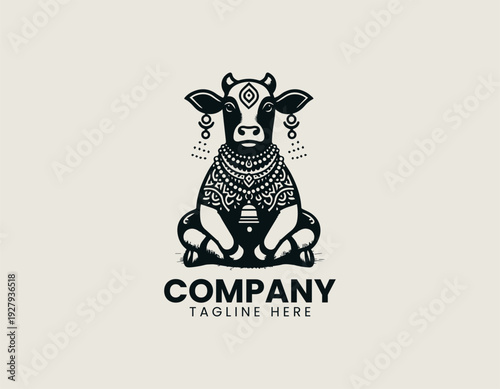Sacred cow sitting calmly with decorative necklace and bell is presented as bold monochrome vector logo on clean white background