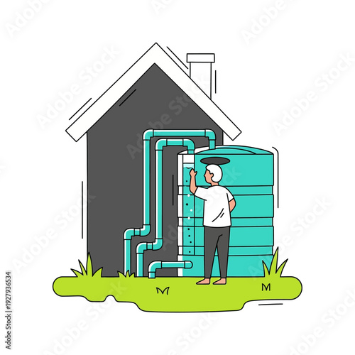 Man standing next to a large water tank connected to a house.