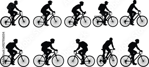 Collection of black silhouettes featuring male and female cyclists riding bicycles in various poses with backpacks isolated on a white background for urban design