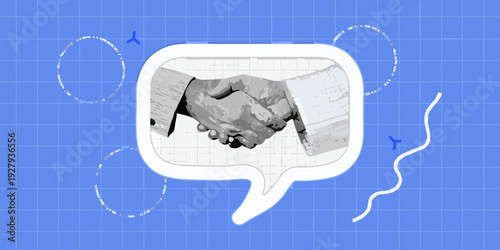 A grayscale handshake within a speech bubble on a blue grid background