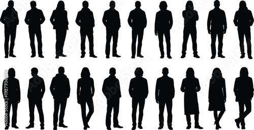 Collection of black silhouettes featuring diverse men and women standing in casual outdoor jackets and streetwear in various confident poses isolated on a white background