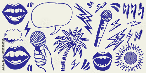 Blue doodle set featuring lips microphones speech bubbles and tropical elements