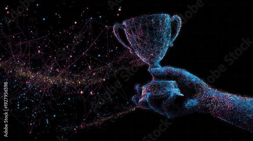 Hand holds particle trophy with glowing data streams against black.