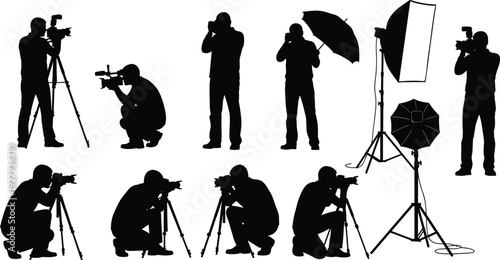 Silhouette photographers working with tripods, cameras, and studio lighting equipment in various dynamic poses, detailed vector illustration for creative projects, editing, and design resources